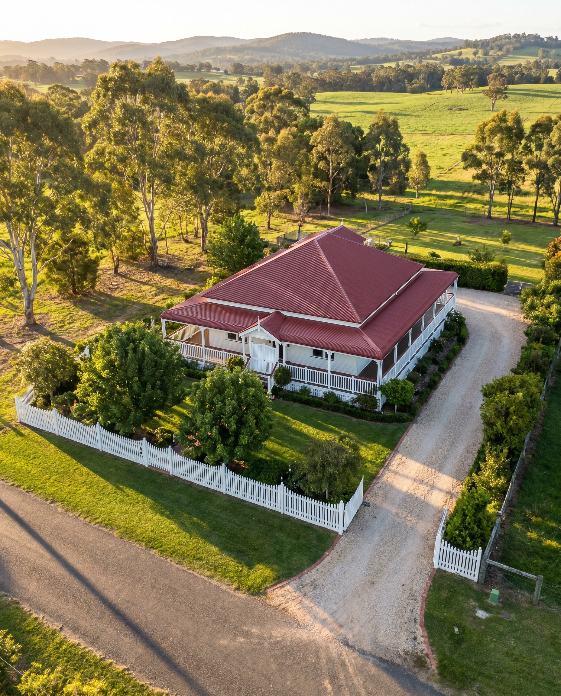 Aerial view of a Canberra country-style home with a new heritage red Colorbond roof, wrap-around verandah and white picket fence by Canberra Carpentry and Roofing